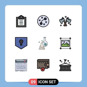 Editable Vector Line Pack of 9 Simple Filledline Flat Colors of tube lab tool beaker security Editable Vector Design Elements