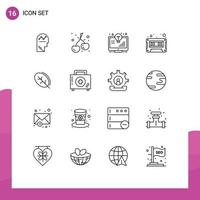 Universal Icon Symbols Group of 16 Modern Outlines of ecology cassette bulb audio cassette monitor Editable Vector Design Elements