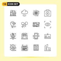 16 User Interface Outline Pack of modern Signs and Symbols of graduation cap energy bulb medical Editable Vector Design Elements