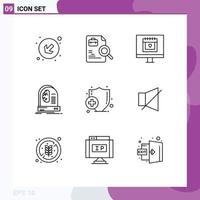 Pack of 9 creative Outlines of insurance machine heart intelligence brain Editable Vector Design Elements