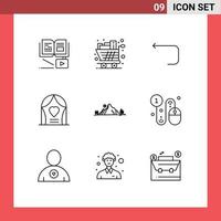 User Interface Pack of 9 Basic Outlines of mountain love trolley celebration back Editable Vector Design Elements
