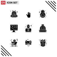 conjunto moderno de 9 pictogramas de glifos sólidos de hacker educación reloj video computadora elementos de diseño vectorial editables vector