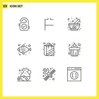 Modern Set of 9 Outlines and symbols such as supermarket bag bowl water fish Editable Vector Design Elements