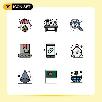 Set of 9 Vector Filledline Flat Colors on Grid for mobile construction lamp bulldozer search Editable Vector Design Elements