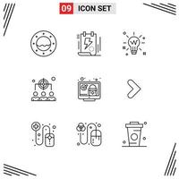 Pictogram Set of 9 Simple Outlines of lock leadership bulb human glow Editable Vector Design Elements