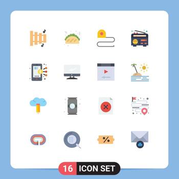 16 símbolos universales de signos de color plano de computadora, teléfono inteligente, escala, negocio, radio, paquete editable de elementos creativos de diseño de vectores