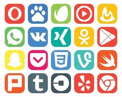 paquete de 20 íconos de redes sociales que incluye plurk vine xing css snapchat vector