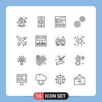 Pack of 16 Modern Outlines Signs and Symbols for Web Print Media such as airport gears setting controls ui Editable Vector Design Elements