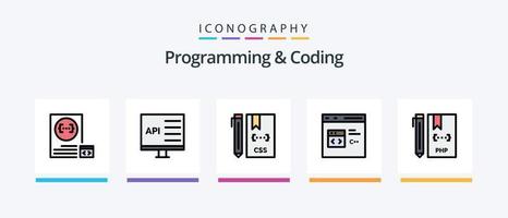 La línea de programación y codificación llenó el paquete de 5 íconos, incluido el desarrollo. codificación. desarrollar. desarrollo. css. diseño de iconos creativos vector