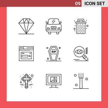 Set of 9 Vector Outlines on Grid for funeral coffin garbage casket website Editable Vector Design Elements