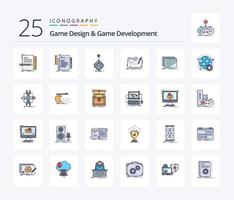 Game Design And Game Development 25 Line Filled icon pack including layout. design. joystick. role. mission vector