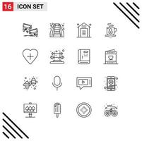 Modern Set of 16 Outlines and symbols such as heart tea mall coffee storehouse Editable Vector Design Elements