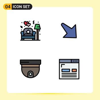 4 User Interface Filledline Flat Color Pack of modern Signs and Symbols of couch security love right coding Editable Vector Design Elements