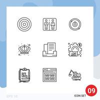 Group of 9 Modern Outlines Set for box email astronomy king crown Editable Vector Design Elements