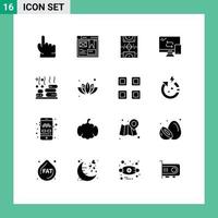 Pack of 16 Modern Solid Glyphs Signs and Symbols for Web Print Media such as spa transfer entertainment networking computing Editable Vector Design Elements