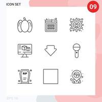 Modern Set of 9 Outlines Pictograph of downlod arrow development tool computing monitor Editable Vector Design Elements