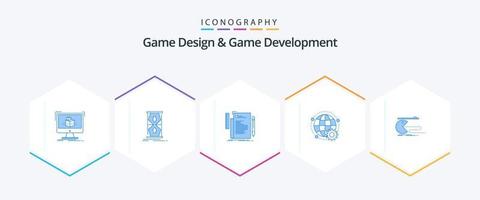 Game Design And Game Development 25 Blue icon pack including world. connected. sand clock. script. file vector