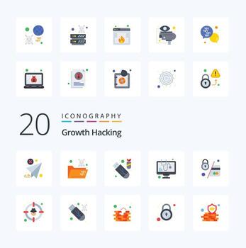 Paquete de iconos de color plano de 20 piratería como software de cajero automático cráneo error ddos vector