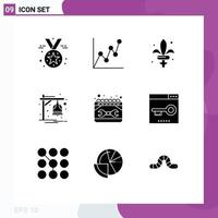 Modern Set of 9 Solid Glyphs Pictograph of maintenance calendar sword train bell Editable Vector Design Elements