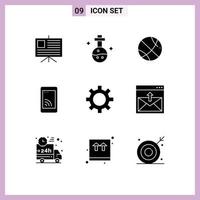 Pack of 9 Modern Solid Glyphs Signs and Symbols for Web Print Media such as communication gear gym cog wifi Editable Vector Design Elements