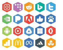 Paquete de 20 íconos de redes sociales que incluye Google Analytics Delicious Adobe Google Drive Windows Media Player vector