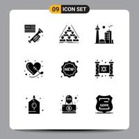 Solid Glyph Pack of 9 Universal Symbols of sewing heart meeting broken famous city Editable Vector Design Elements