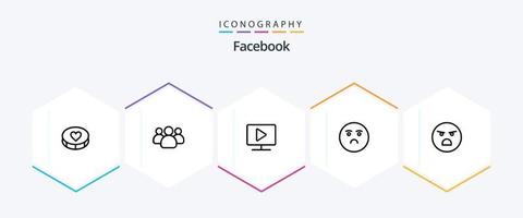 Facebook 25 Line icon pack including emotion. sad. monitor. feeling. emoji vector