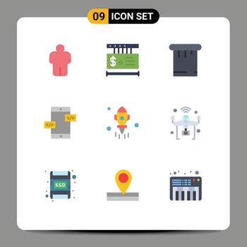 Mobile Interface Flat Color Set of 9 Pictograms of fly rocket putty astronomy div Editable Vector Design Elements
