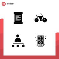 Pack of 4 Modern Solid Glyphs Signs and Symbols for Web Print Media such as paper share bicycle user remote Editable Vector Design Elements