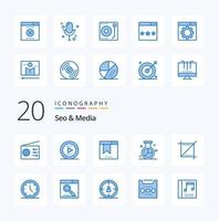 20 Seo  Media Blue Color icon Pack like phone crop seo research media vector