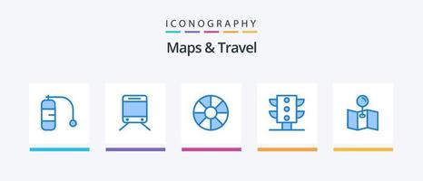 mapas y paquete de iconos de viaje azul 5 que incluye. rueda. mapa. diseño de iconos creativos vector