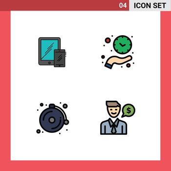 Mobile Interface Filledline Flat Color Set of 4 Pictograms of smartphone save time tablet hand bell Editable Vector Design Elements