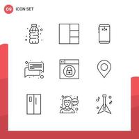 9 User Interface Outline Pack of modern Signs and Symbols of lock web mobile message conversation Editable Vector Design Elements