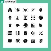 Modern Set of 25 Solid Glyphs Pictograph of layers arrange cube celebration rocket Editable Vector Design Elements