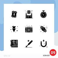 Mobile Interface Solid Glyph Set of 9 Pictograms of hand watch first map aid down Editable Vector Design Elements
