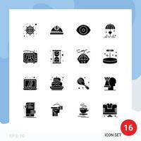 Mobile Interface Solid Glyph Set of 16 Pictograms of television love biology secure insurance Editable Vector Design Elements