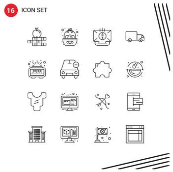 conjunto de esquema de interfaz móvil de 16 pictogramas de elementos de diseño vectorial editables de correo de logística de comunicación de transporte de reloj vector