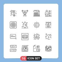 Pack of 16 Modern Outlines Signs and Symbols for Web Print Media such as gear personal gym employee abilities Editable Vector Design Elements