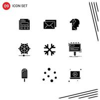 Universal Icon Symbols Group of 9 Modern Solid Glyphs of snow flakes data grief language machine Editable Vector Design Elements