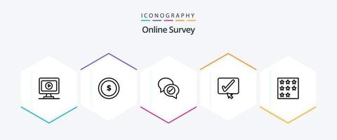 paquete de iconos de 25 líneas de encuestas en línea que incluye marca. aprobar . Finanzas. correo vector