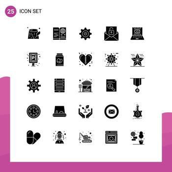 Set of 25 Vector Solid Glyphs on Grid for technic computer sciences setting applied science envelope Editable Vector Design Elements