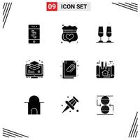 Pack of 9 creative Solid Glyphs of monitor layers shield layer toasting Editable Vector Design Elements