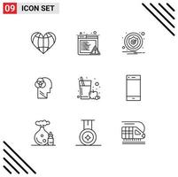 conjunto de 9 iconos de interfaz de usuario modernos símbolos signos para cabeza de jugo de fruta alerta inteligencia humana inteligente elementos de diseño vectorial editables vector