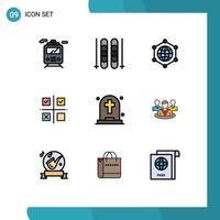 Group of 9 Filledline Flat Colors Signs and Symbols for tombstone ghost internet dead product Editable Vector Design Elements