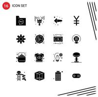 Pack of 16 Modern Solid Glyphs Signs and Symbols for Web Print Media such as cogs gear hobby yen currency Editable Vector Design Elements