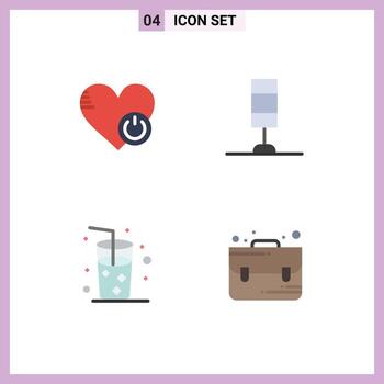 Set of 4 Vector Flat Icons on Grid for shutdown drink heart lamp bag Editable Vector Design Elements