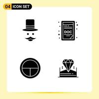 Pack of 4 Modern Solid Glyphs Signs and Symbols for Web Print Media such as moustache badge hat doc extension soldier Editable Vector Design Elements