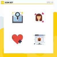 Set of 4 Vector Flat Icons on Grid for book add search woman heart Editable Vector Design Elements