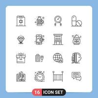 Universal Icon Symbols Group of 16 Modern Outlines of diamound science rx medicine intensity Editable Vector Design Elements