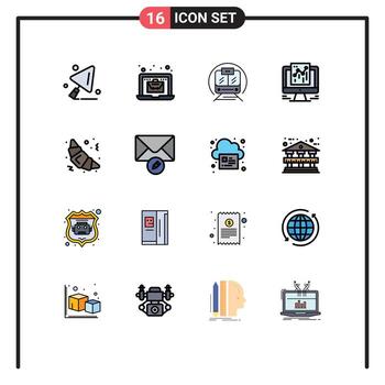 Modern Set of 16 Flat Color Filled Lines and symbols such as food croissant transport web data Editable Creative Vector Design Elements